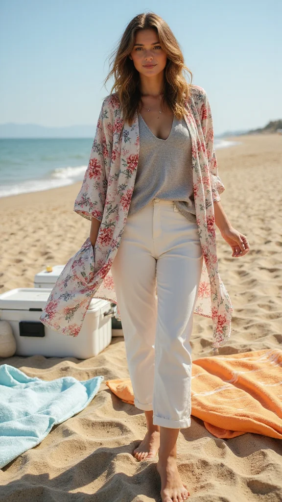 10 Effortlessly Stylish Mom Outfit Ideas That Are 100% Practical! - 10. Breezy Kimono with Shorts 1