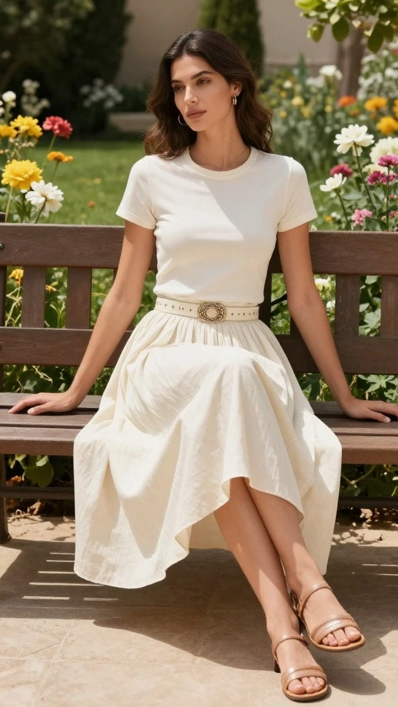 10 Effortlessly Stylish Mom Outfit Ideas That Are 100% Practical! - 6. Midi Skirt with a Simple Tee 1