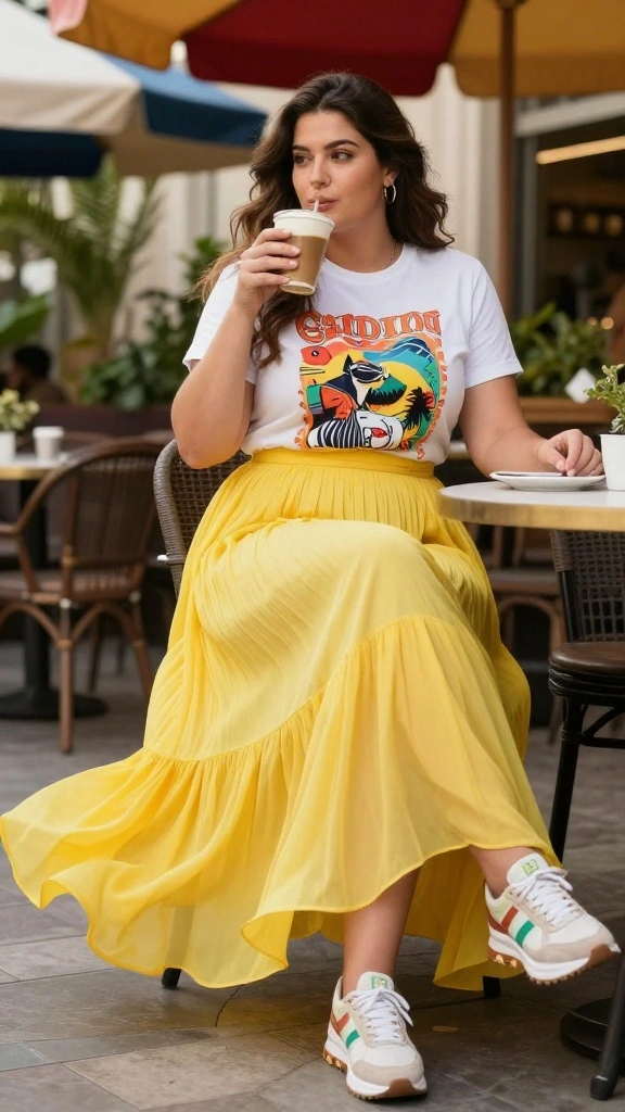 12 Chic Work Looks for Plus Size Fashionistas That Inspire Confidence! - 3. Flowy Maxi Skirt with a Graphic Tee 1