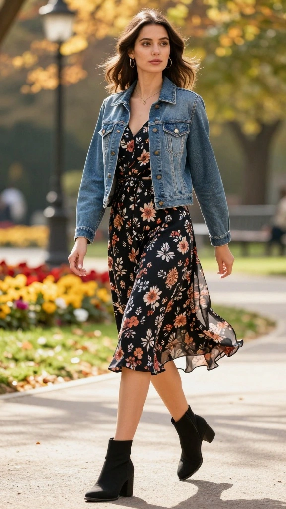 15 Chic and Trendy Dress Outfit Ideas That Prove Versatility Is Key! - 2. The Midi Dress with a Denim Jacket 1