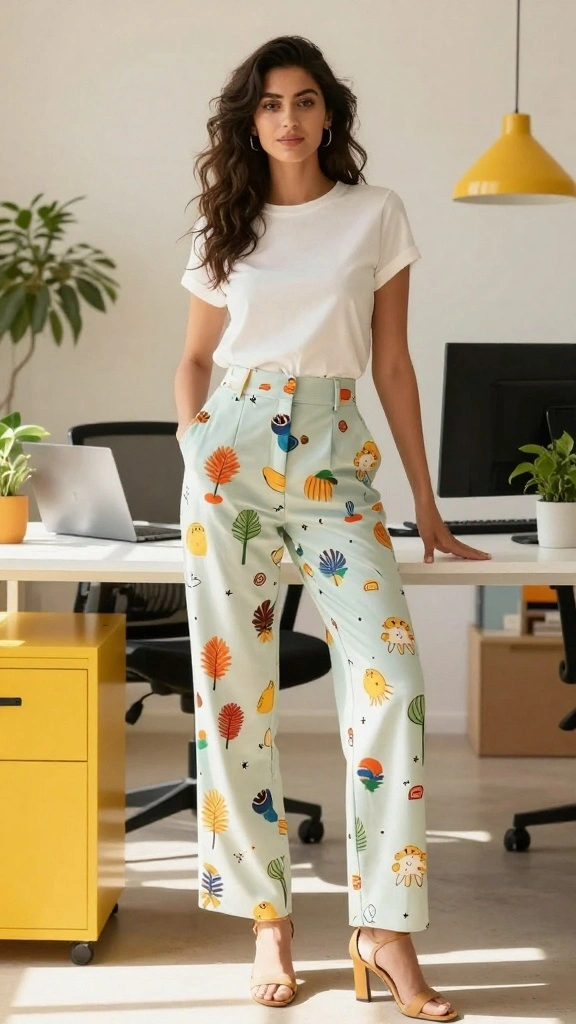 15 Professional Summer Outfits Without Blazers That Will Turn Heads! - 12. Light Trousers with Fun Prints 1