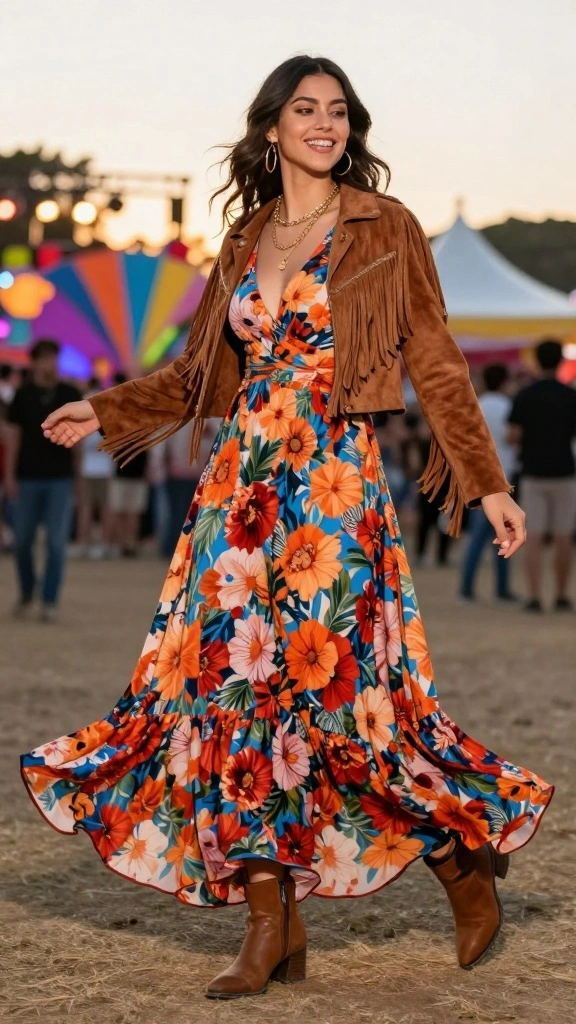 15 Trendy Bohemian Concert Outfits for Effortless Festival Glam! - 1. Flowing Maxi Dress with Fringe Jacket 1