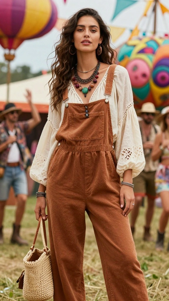 15 Trendy Bohemian Concert Outfits for Effortless Festival Glam! - 10. Bohemian-Style Overalls 1