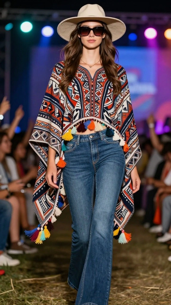 15 Trendy Bohemian Concert Outfits for Effortless Festival Glam! - 8. Statement Poncho with Flared Jeans 1