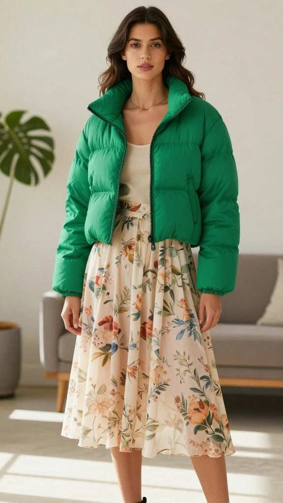 18 Fashionable Work Clothes That Are So Cozy You’ll Forget You’re in the Office! - 10. Stylish Puffer Jacket and Midi Skirt 1