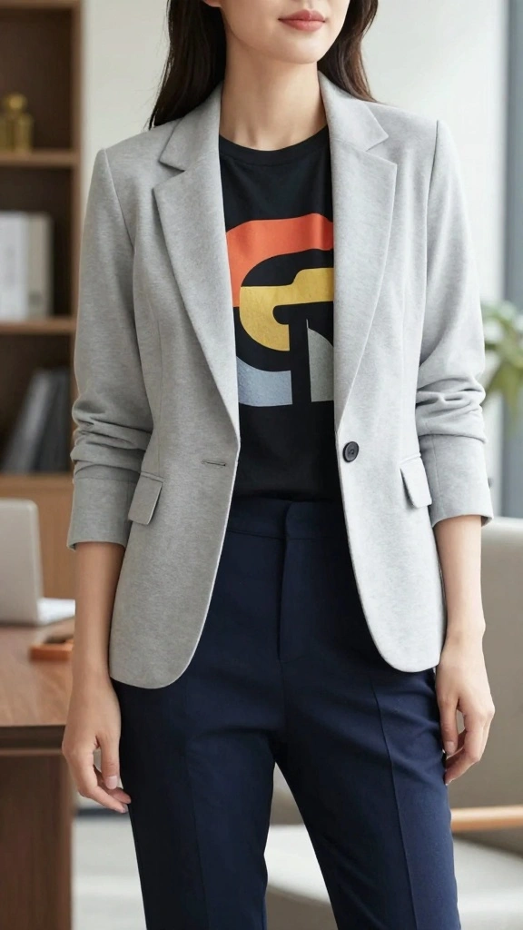 18 Fashionable Work Clothes That Are So Cozy You’ll Forget You’re in the Office! - 11. Soft Blazer with Graphic Tee and Trousers 1