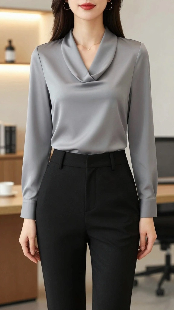 18 Fashionable Work Clothes That Are So Cozy You’ll Forget You’re in the Office! - 13. Polished Cowl Neck Blouse and Trousers 1