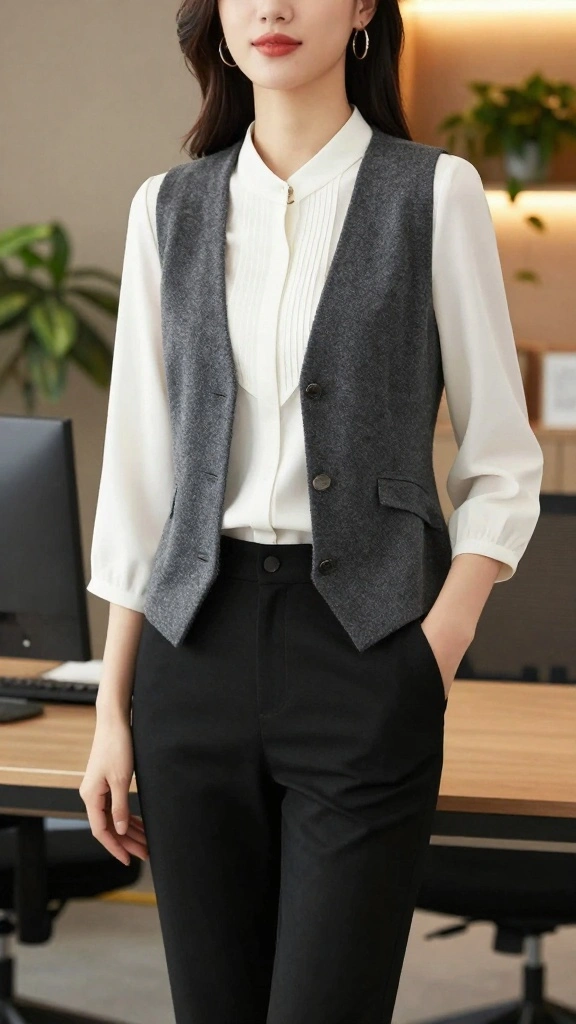 18 Fashionable Work Clothes That Are So Cozy You’ll Forget You’re in the Office! - 18. Layered Blouse with Vest and Trousers 1