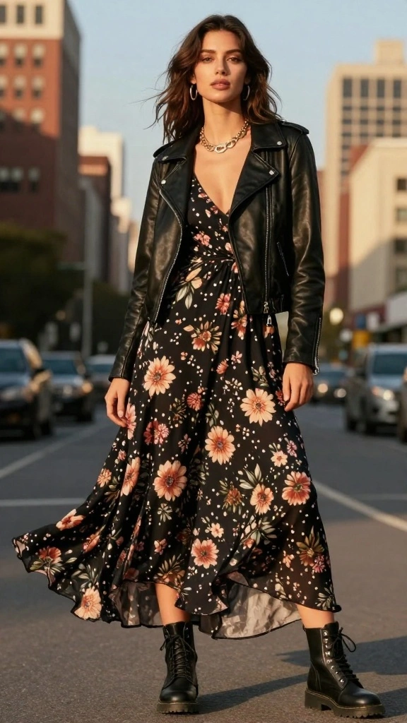 19 Edgy Mom Style Looks That Will Make You Forget the Sweatpants! - 1. Leather Jacket & Maxi Dress Fusion 1