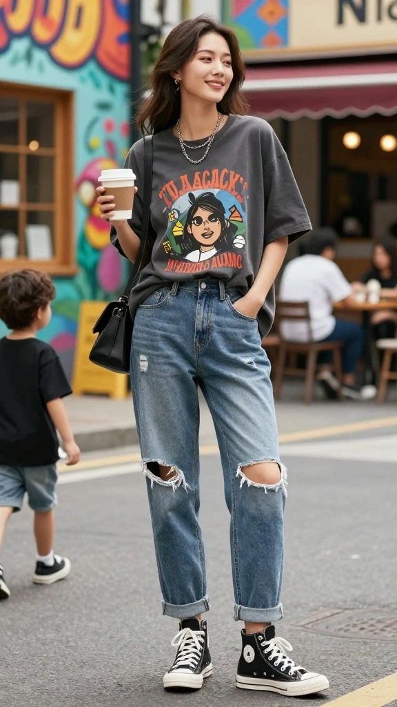 19 Edgy Mom Style Looks That Will Make You Forget the Sweatpants! - 2. Graphic Tees & Distressed Jeans 1