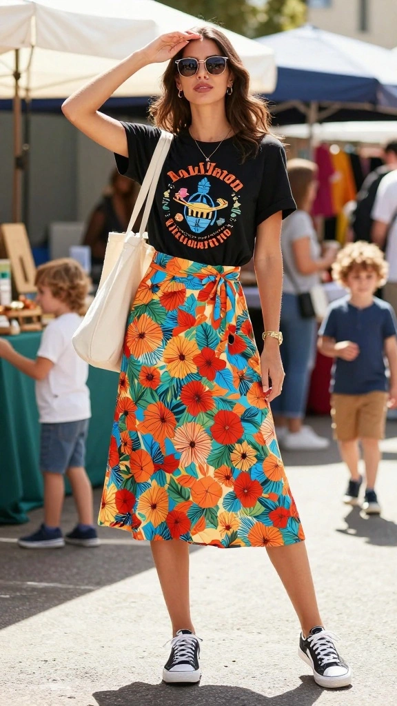 19 Edgy Mom Style Looks That Will Make You Forget the Sweatpants! - 9. Midi Skirt & Graphic Tee 1