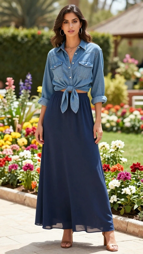 20 Must-Have Casual Fashion Looks for Outings This Season (Don't Miss #15!) - 12. Layered Chic with Denim Shirt and Maxi Skirt 1