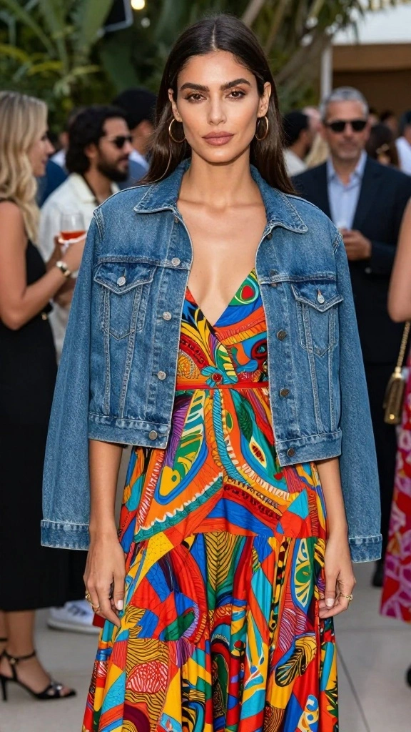 20 Must-Have Casual Fashion Looks for Outings This Season (Don't Miss #15!) - 14. Statement Denim Jacket with Printed Dress (Don't Miss This!) 1