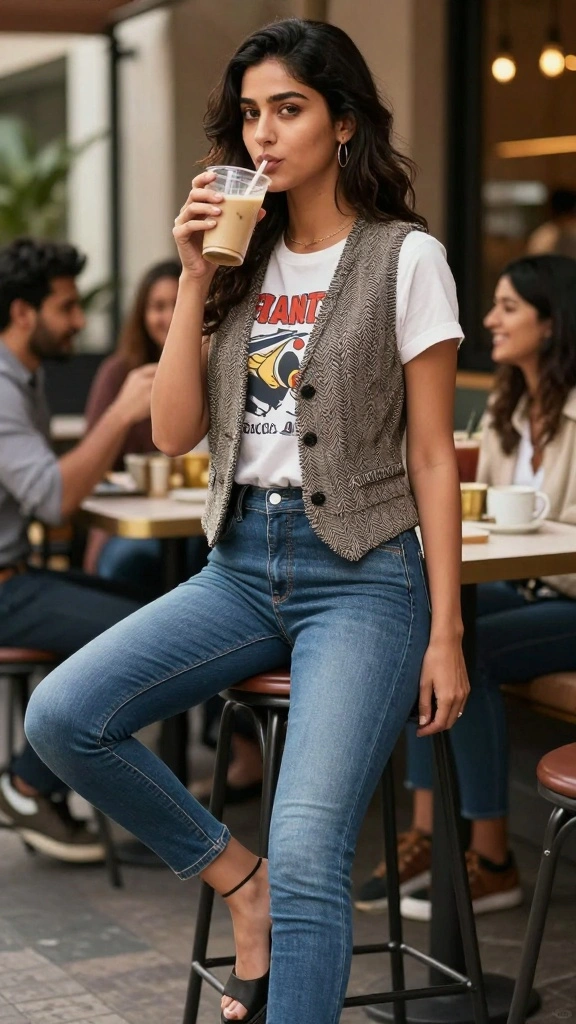 20 Must-Have Casual Fashion Looks for Outings This Season (Don't Miss #15!) - 7. Casual Vest Over a Graphic Tee 1