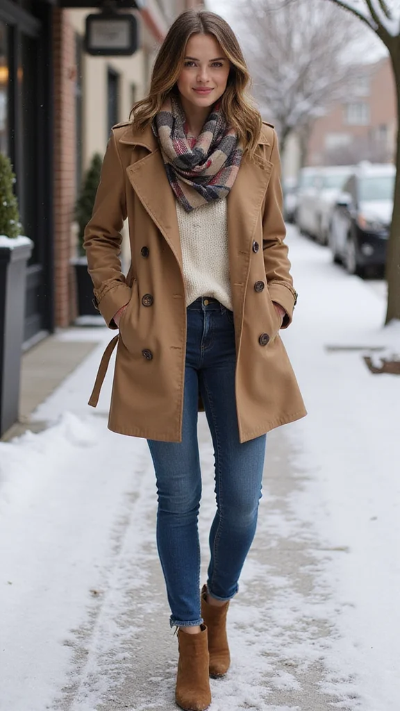 20 Stylish Winter Outfits That Will Keep You Warm and Polished! - 10. Stylish Trench Coat with Scarf 1