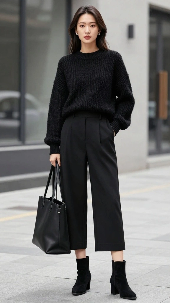 20 Stylish Winter Outfits That Will Keep You Warm and Polished! - 19. Textured Sweater with Wide-Leg Culottes 1