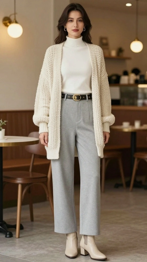 20 Stylish Winter Outfits That Will Keep You Warm and Polished! - 4. Chunky Knit Cardigan with Wide-Leg Trousers 1