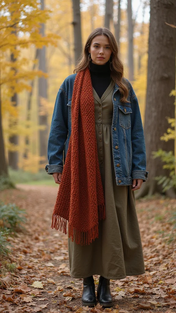 20 Vintage Denim Jacket Outfits Styled with Accessories You'll Adore! - 1. Layered with a Chunky Knit Scarf 1