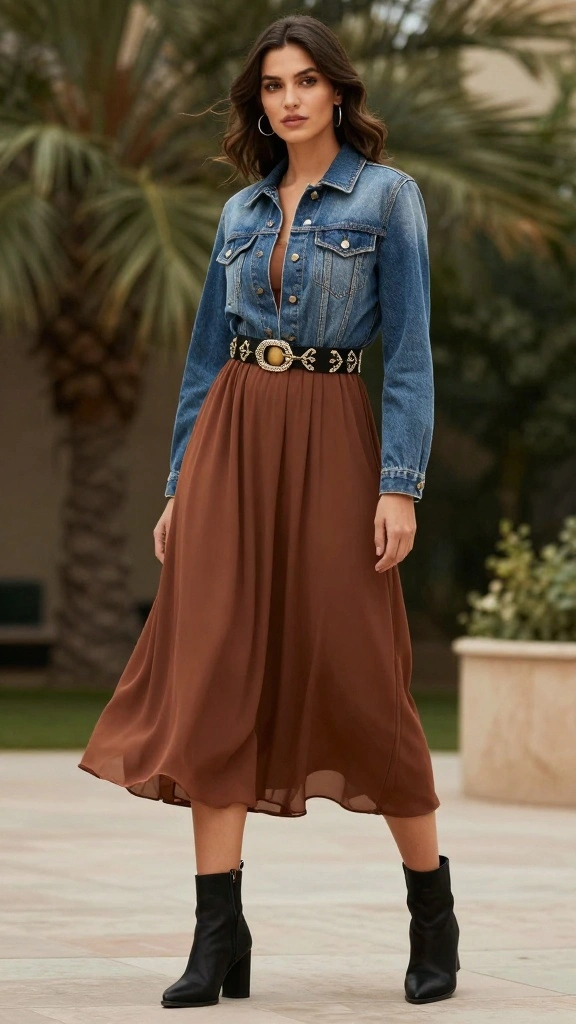 20 Vintage Denim Jacket Outfits Styled with Accessories You'll Adore! - 13. Effortless with a Midi Skirt 1