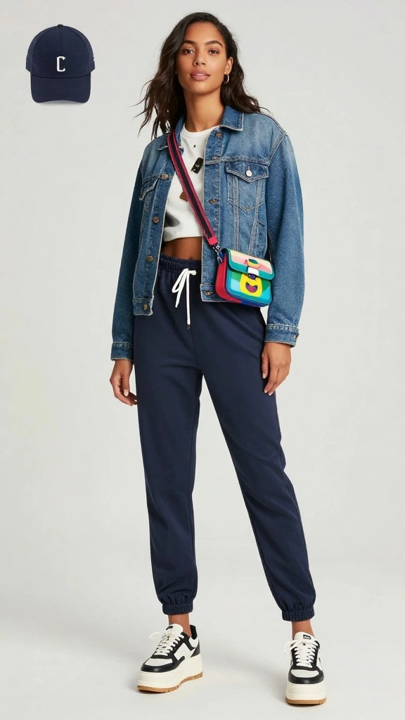 20 Vintage Denim Jacket Outfits Styled with Accessories You'll Adore! - 14. Sporty Chic with Jogger Pants 1