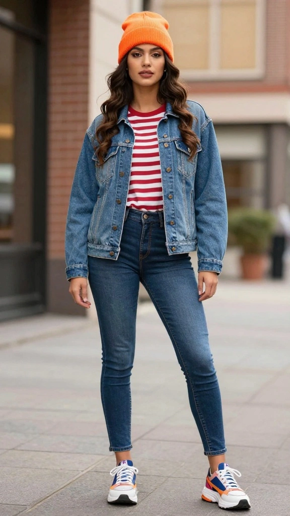 20 Vintage Denim Jacket Outfits Styled with Accessories You'll Adore! - 3. A Pop of Color with a Beanie 1