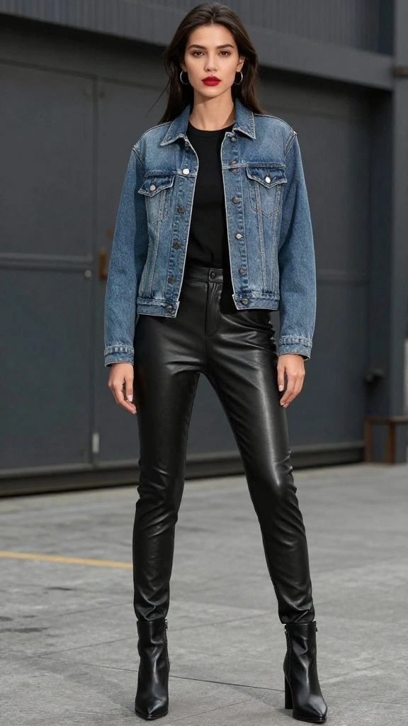 20 Vintage Denim Jacket Outfits Styled with Accessories You'll Adore! - 5. Chic and Edgy with Leather Pants 1