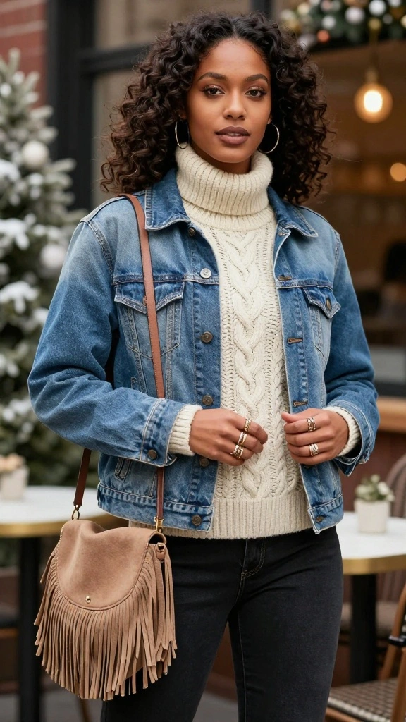 20 Vintage Denim Jacket Outfits Styled with Accessories You'll Adore! - 7. Textured Layers with a Cable Knit Sweater 1