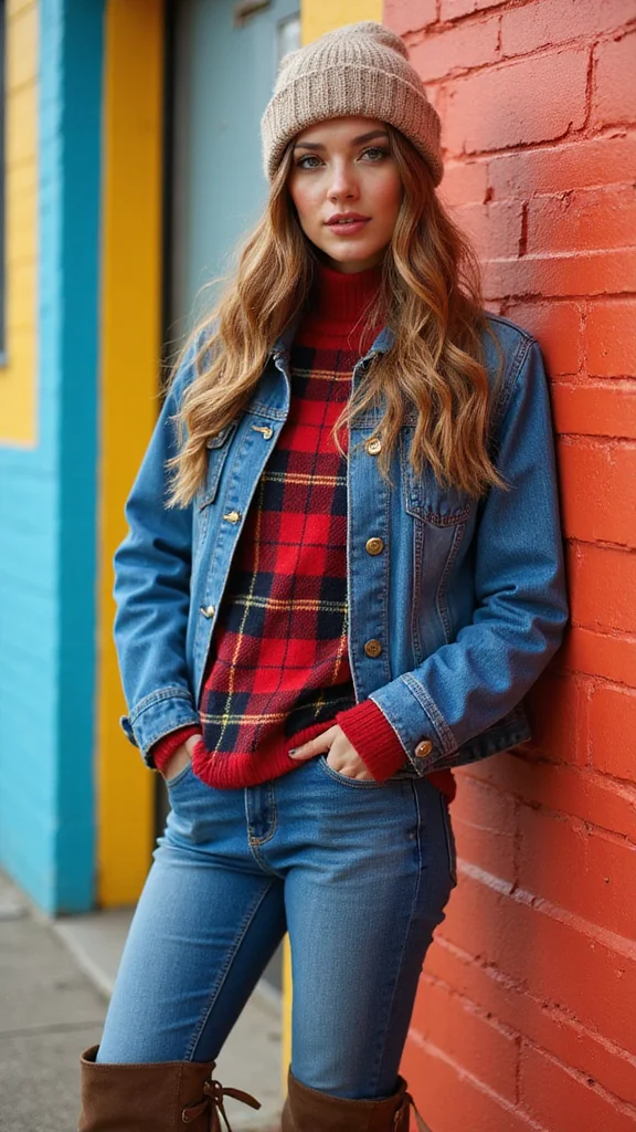 20 Vintage Denim Jacket Outfits Styled with Accessories You'll Adore! - 8. Brighten Up with A Plaid Shirt 1