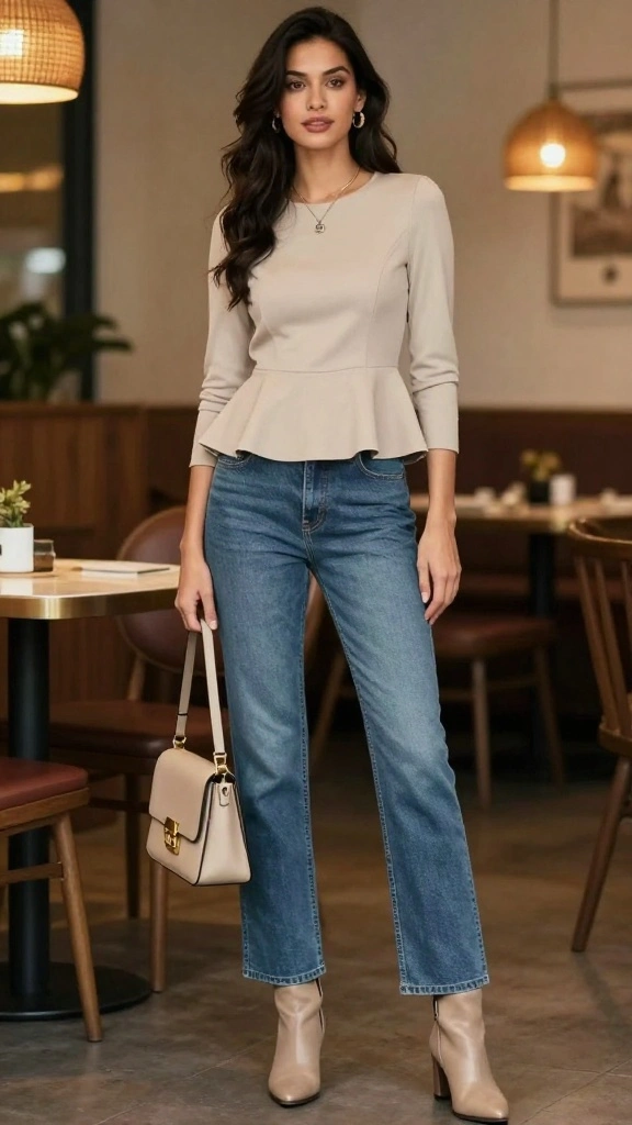 21 Chic Casual Date Night Outfits Perfect for Any Occasion - 12. Peplum Top and Straight-Leg Jeans 1