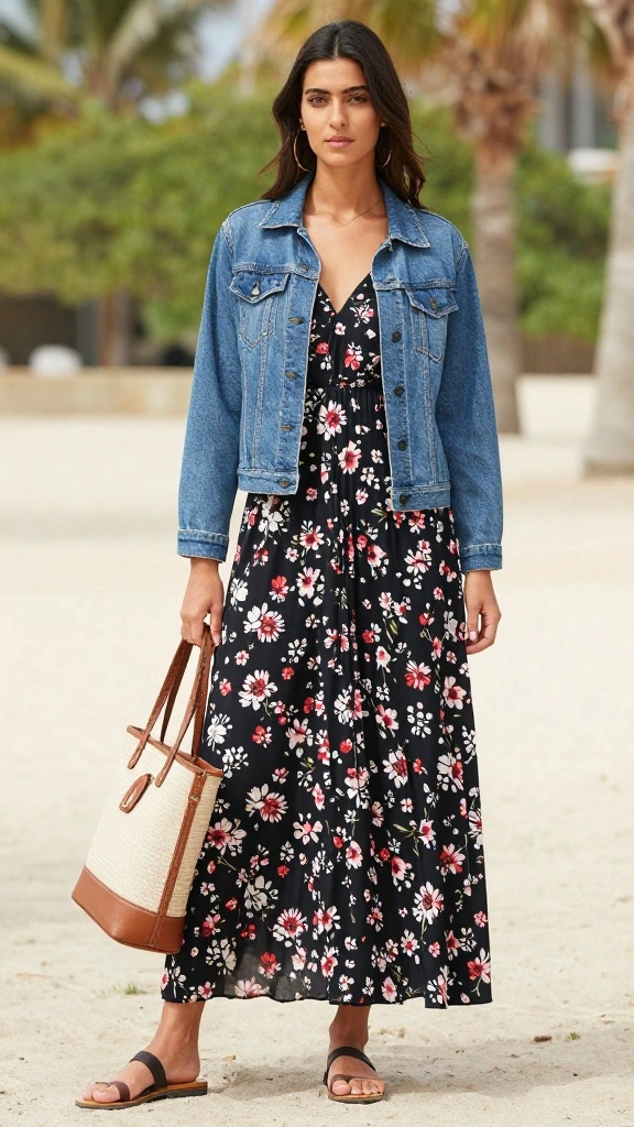 21 Chic Casual Date Night Outfits Perfect for Any Occasion - 18. Maxi Dress with Denim Jacket 1