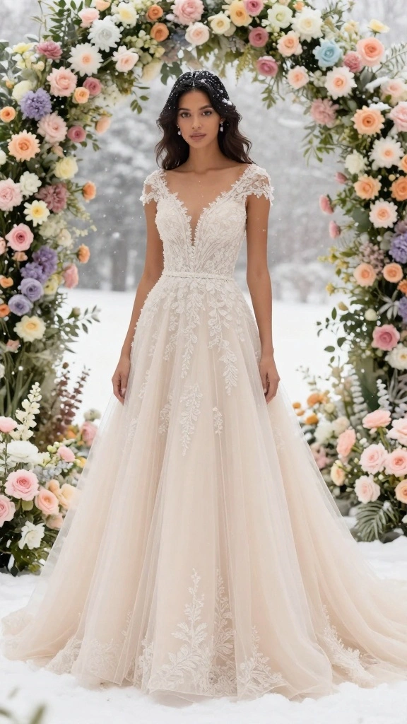 22 Inspiring Winter Bridal Styles That Will Melt Your Heart (Get Ready for #9!) - 13. Charming Hues: Champagne and Pastels 1