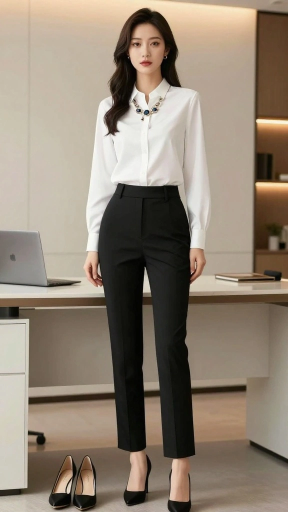 Comfortable Yet Modern Professional Outfits for Your Busy Workday! - 1. Effortless Elegance with Black Dress Pants and a White Blouse 1