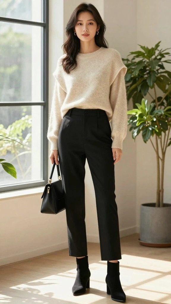 Comfortable Yet Modern Professional Outfits for Your Busy Workday! - 2. Casual Chic with a Knit Sweater and Black Dress Pants 1