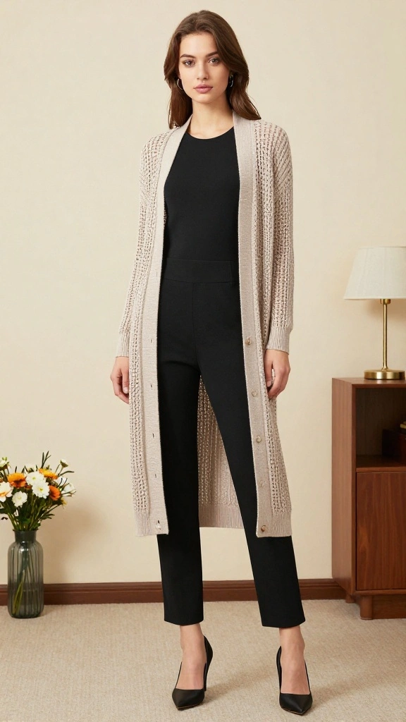 Comfortable Yet Modern Professional Outfits for Your Busy Workday! - 4. Layering with a Long Cardigan and Black Dress Pants 1