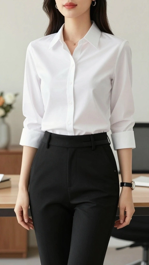 Comfortable Yet Modern Professional Outfits for Your Busy Workday! - 5. Smart Casual with a Button-Up Shirt and Black Dress Pants 1