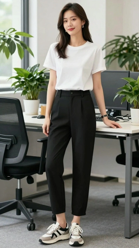 Comfortable Yet Modern Professional Outfits for Your Busy Workday! - 6. Weekend Ready: Black Dress Pants with a Casual Tee 1