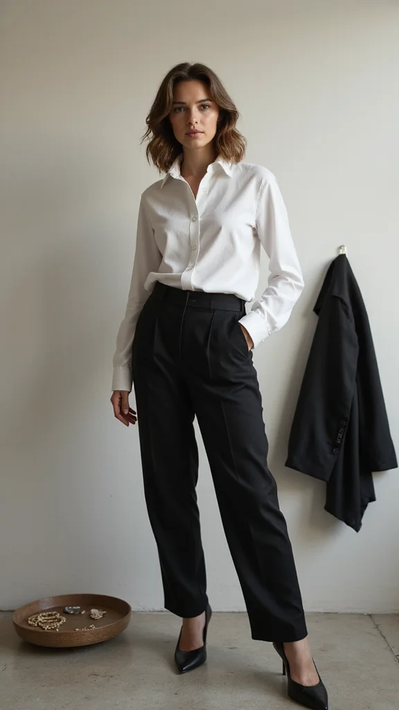 How to Style Black Dress Pants and Heels for Work, Dinner, and Events - 1. Classic White Button-Up 1