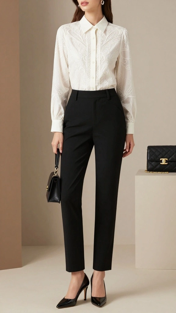 How to Style Black Dress Pants and Heels for Work, Dinner, and Events - 6. Elegant Blouse with Details 1