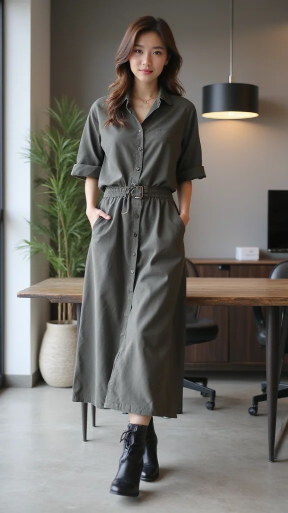 15 Stunning Korean Office Outfits for Women That Are Perfect for Any Formal Setting! - 12. Polished Long Shirt Dress 1