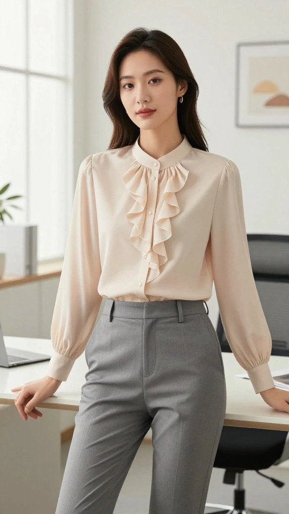 15 Stunning Korean Office Outfits for Women That Are Perfect for Any Formal Setting! - 5. Feminine Blouse with Tailored Pants 1