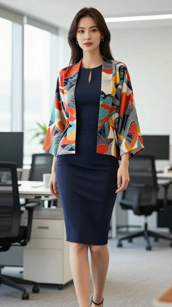 15 Stunning Korean Office Outfits for Women That Are Perfect for Any Formal Setting! - 6. Trendy Kimono Jacket over Slim-Fit Dress 1