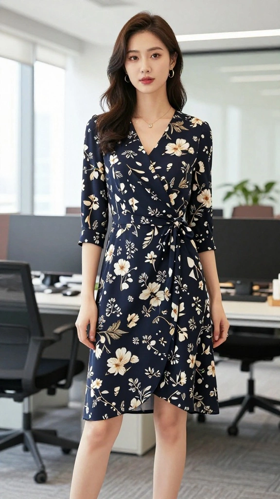 15 Stunning Korean Office Outfits for Women That Are Perfect for Any Formal Setting! - 8. Trendy Wrap Dress with Middle-Length Sleeves 1